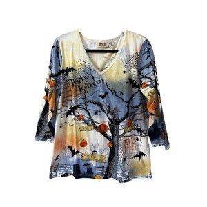 Womens M Happy Halloween 3/4 Sleeve Granny Grandma Tee Shirt Pumpkin Bat Playful